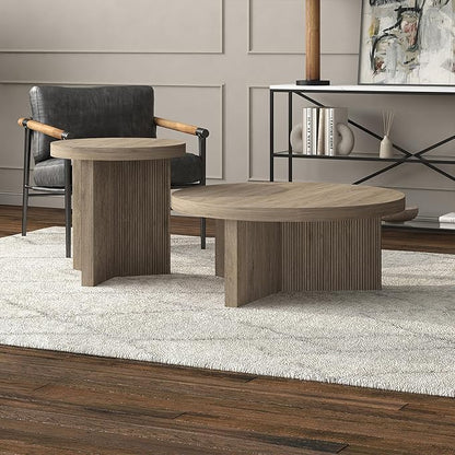 Henn&Hart 22" Fluted Scandinavian Round End Table, Ribbed Side Table, Nightstand for Living Room, Office, Family Room, or Bedroom, Antiqued Gray Oak