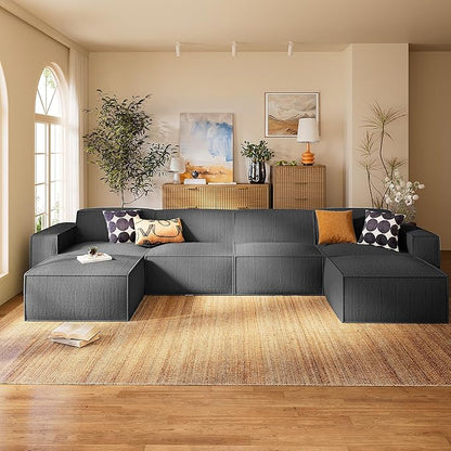 Marsail Modular Sectional Sofa, 142" U-Shaped Modular Sectional Couch with Deep Seat, Freely Combinable Sectional Clound Sofa for Living Room, No Assembly, Plush Corduroy Fabric, Grey