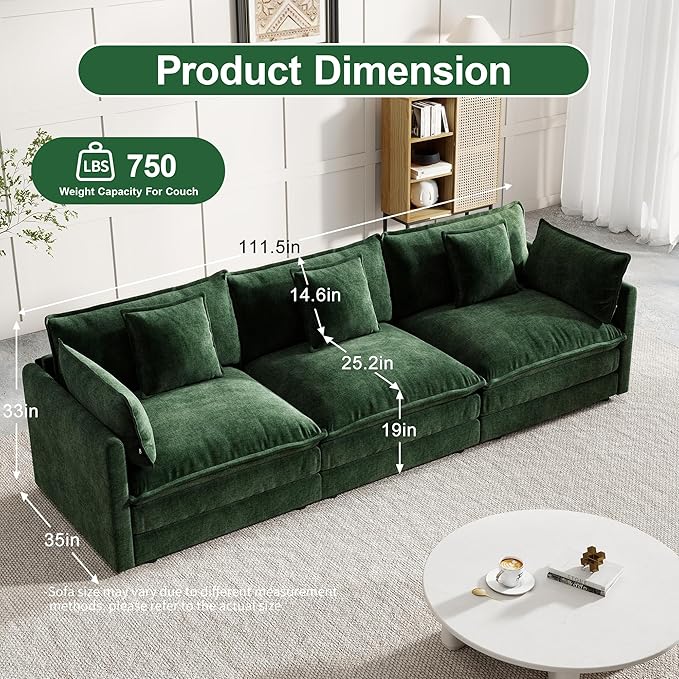 Modular Sectional Sofa, 111.5 Inch I-Shaped Cloud Sofa with Deep Seat Chenille Sofa with Cushions, Three-Self Sectional Sofa for Living Room Apartment,Evergreen
