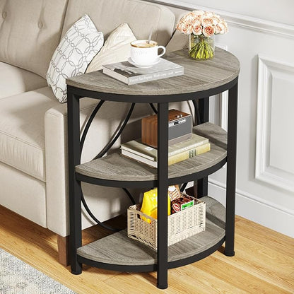 Tribesigns Half Round End Table for Living Room Set of 2, 3-Tier Half Side Table with Metal Frame, Industrial Half Moon Table with Storage Shelves for Entryway, Bedroom, Grey