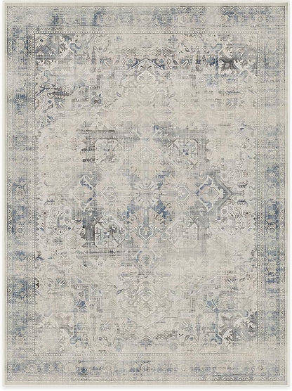 RUGGABLE Washable Vintage Area Rug – Kamran Blue Quartz 9x12, Stain-Resistant, Non-Slip – Large Machine Washable Rugs for Living Room, Bedroom, Hallway, Entryway & Office–with Cushioned Pad