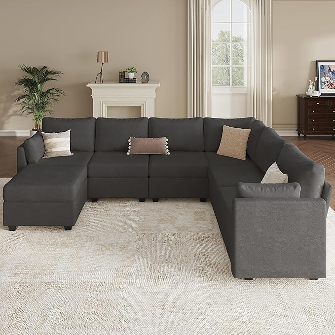 Modular Sectional Sofa Couches, Large Convertible Modular Couches With Storage, 7-Seater Sectional Sofa For Living Room, U Shaped Sectional Couch Sleeper Sofa With Chaise (DarkGrey, 7 Seats)