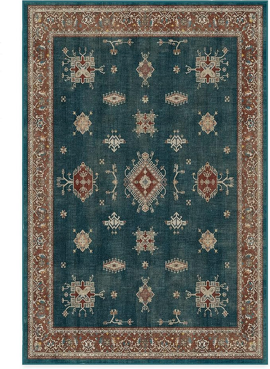 RUGGABLE Washable Vintage Area Rug – Verena Teal Blue 6x9, Stain-Resistant, Non-Slip – Medium Machine Washable Rugs for Living Room, Bedroom, Hallway, Entryway & Office–with Cushioned Pad