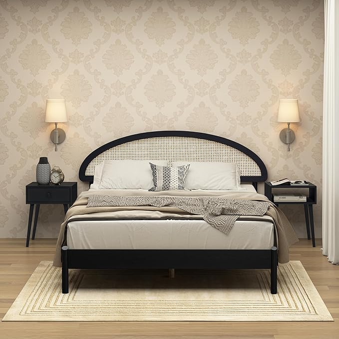 NTC Gem Wooden Bed Frame with Headboard and Natural Rattan, Solid Oak Foundation with Silent Slats, 1000 Lb Capacity, Effortless Assembly, Queen - Burnt Black