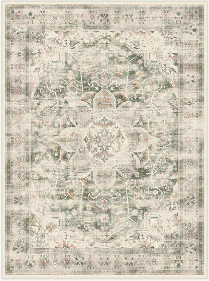 RUGGABLE Washable Vintage Area Rug – Sarrah Sage 9x12, Stain-Resistant, Non-Slip – Large Machine Washable Rugs for Living Room, Bedroom, Hallway, Entryway & Office–with Cushioned Pad