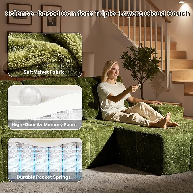 114" Glitter Cloud Sectional Couch with L-Shape Chaise & Ottoman, Modern Boneless Couches for Living Room, Fluffy Tufted Deep Seat Modular Sofa No Assembly (Green Sparkly Velvet,Right Facing)
