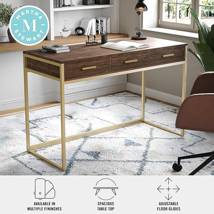 Martha Stewart Ollie Home Office Desk with 3 Drawers in Walnut Wood Grain with Polished Brass Hardware