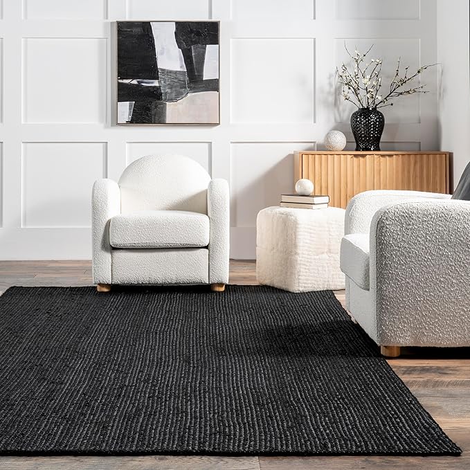 nuLOOM 4 Round Rigo Jute Hand Woven Area Rug, Black, Solid Farmhouse Design, Natural Fiber, For Bedroom, Living Room, Dining Room, Hallway, Office, Kitchen, Entryway