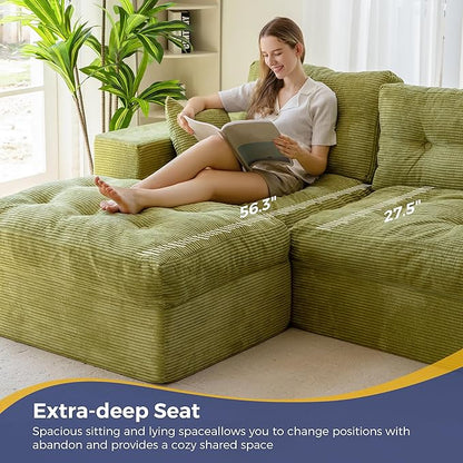MAXYOYO 104" L Shaped Modular Sectional Sofa with Ottoman, Cloud Boneless Couch with Layered Cushion, Upholstered Sofa in a Box, Flexible Module Combination for Living Room, No Assembly, Green