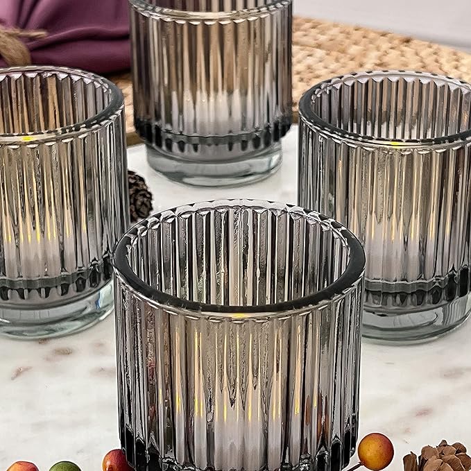 Kate Aspen Ribbed Glass Candle Holder Set - 6 Smoke Gray Tealight Holders for Home, Kitchen, Room or Living Room Decor - Vintage Tea Light Votive Accent for Table or Shelf Styling (Pack of 6)