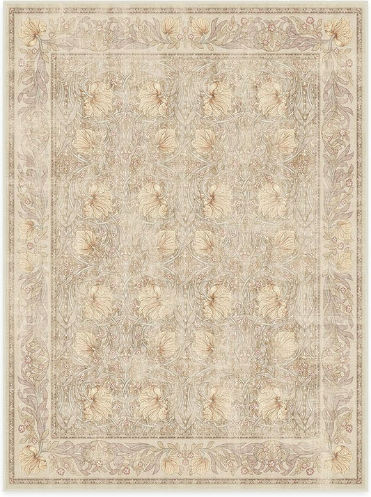 RUGGABLE x Morris & Co Washable Area Rug– Pimpernel Vintage Stone 9x12, Stain-Resistant, Non-Slip – Large Machine Washable Rugs for Living Room, Bedroom, Hallway, Entryway & Office–with Cushioned Pad