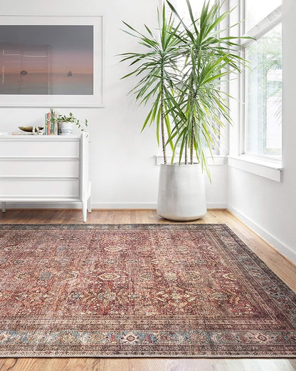 Loloi Layla Collection LAY-01 Brick/Blue 3'-6" x 5'-6" .13" Thick Accent Rug, Soft, Durable, Vintage Inspired, Distressed, Low Pile, Non-Shedding, Easy Clean, Printed, Living Room Rug