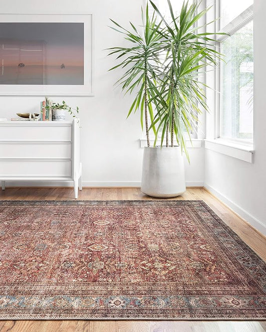 Loloi Layla Collection LAY-01 Brick/Blue 7'-6" x 9'-6" .13" Thick Area Rug, Soft, Durable, Vintage Inspired, Distressed, Low Pile, Non-Shedding, Easy Clean, Printed, Living Room Rug