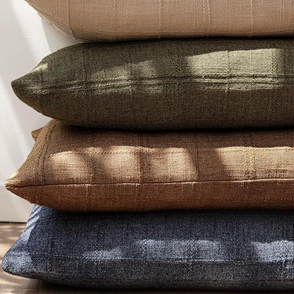 Foindtower Set of 2 Decorative Linen Check Throw Pillow Covers Neutral Farmhouse Vintage Cushion Covers Modern Boho Home Decor for Sofa Chair Couch Bedroom Living Room,20×20 Inch,Brick