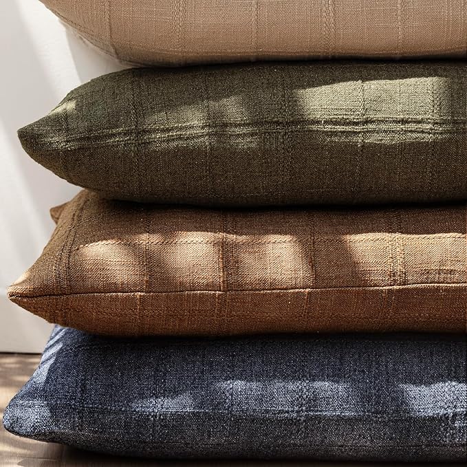 Foindtower Set of 2 Decorative Linen Check Throw Pillow Covers Neutral Farmhouse Lumbar Cushion Covers Modern Boho Home Decor for Sofa Chair Couch Bedroom Living Room,12×24 Inch,Brick