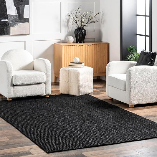 nuLOOM 8x10 Rigo Jute Hand Woven Area Rug, Black, Solid Farmhouse Design, Natural Fiber, For Bedroom, Living Room, Dining Room, Hallway, Office, Kitchen, Entryway