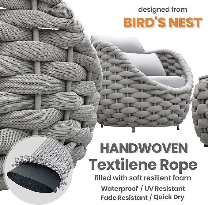 4 Pieces Courtyard Seating Set: Aluminum Woven Rope Patio Furniture Chair Set - All Weather Metal Outdoor Conversation Set - Assembled Armchair with Table Set for Bistro Deck Porch Balcony, Grey
