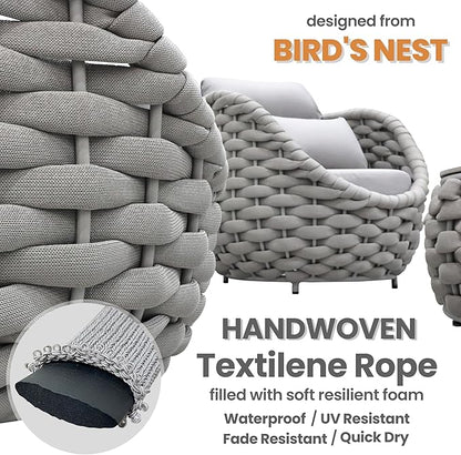 4 Pieces Courtyard Seating Set: Aluminum Woven Rope Patio Furniture Chair Set - All Weather Metal Outdoor Conversation Set - Assembled Armchair with Table Set for Bistro Deck Porch Balcony, Grey