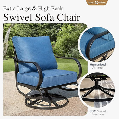 Sophia & William 2 Pieces Patio Furniture Sets Metal Sofa Chairs Patio Cushion Armchairs Swivel Sofa Chairs with Removable Cover for Garden Backyard Poolside Peacock Blue