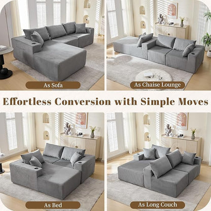 107" Cloud Sectional Couch, Modular Sectional Sofa with L-Shape Chaise, Corduroy Boneless Couch with Deep Seat, Upholstered Sofa for Living Room, No Assembly Required(Left-Facing Chaise, Dark Grey)