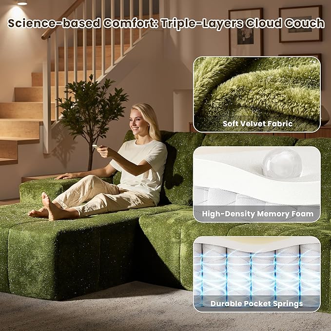 114" Glitter Cloud Sectional Couch with L-Shape Chaise, Modern Boneless Couches for Living Room Christmas Party, Fluffy Tufted Deep Seat Modular Sofa in a Box No Assembly