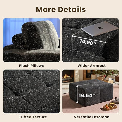 114" Glitter Cloud Sectional Couch with L-Shape Chaise & Ottoman, Modern Boneless Couches for Living Room, Fluffy Tufted Deep Seat Modular Sofa No Assembly (Gray Sparkly Velvet,Right Facing)