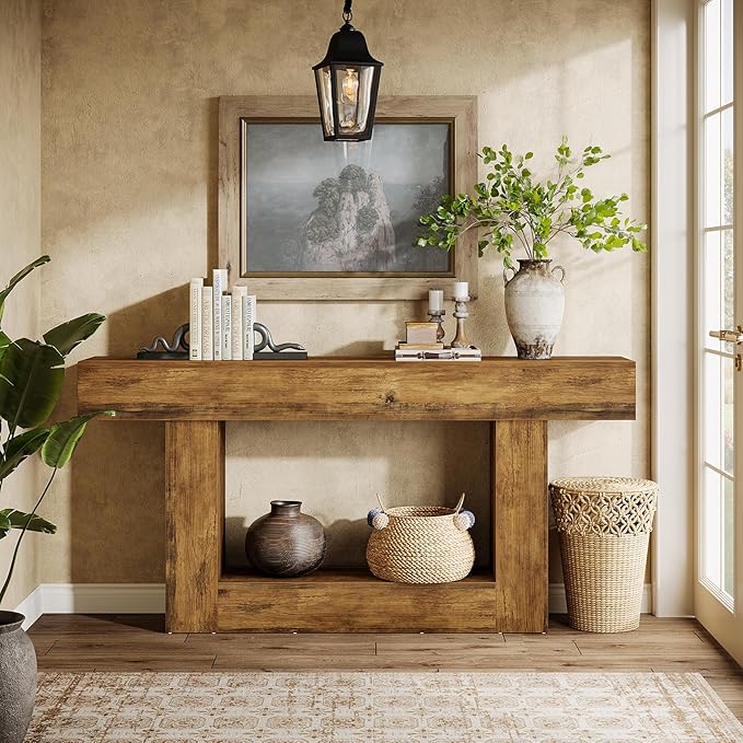 Tribesigns 63-Inch Long Console Table, 2-Tier Entryway Table Sofa Table with Storage, Farmhouse Wood Behind Couch Table for Living Room, Hallway, Rustic Brown
