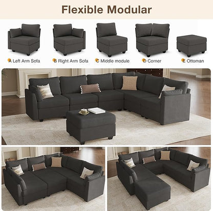 Modular Sectional Sofa Couches, Large Convertible Modular Couches With Storage, 7-Seater Sectional Sofa For Living Room, U Shaped Sectional Couch Sleeper Sofa With Chaise (DarkGrey, 7 Seats)