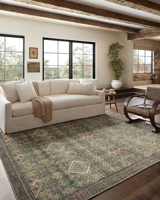 Loloi Magnolia Home by Joanna Gaines Sinclair Collection SIN-03 Turquoise/Multi 7'-6" x 9'-6", .25" Pile Height, Machine Washable, Area Rug