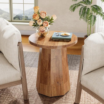 Tribesigns Farmhouse Round End Table, Wooden Couch Side Table with Octagonal Base, Rustic Brown Nightstand Pedestal Accent Furniture for Living Room, Bedroom (1, Walnut)
