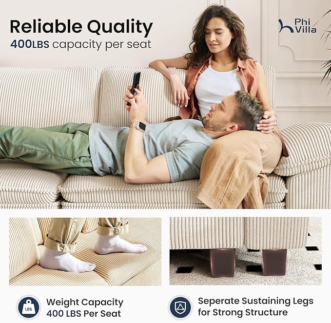 PHI VILLA Cloud Modular Couches Sets, 87.5" Sectional Loveseat Sofa with 1 Movable Ottoman, 3-Seater Comfy Couches for Living Room Apartment, Corduroy Fabric, Beige