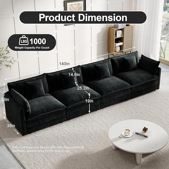 Modular Sectional Sofa, 146.5 Inch I-Shaped Cloud Sofa with Deep Seat Chenille Sofa with Cushions, Four Seater Sectional Sofa for Living Room Apartment,Black