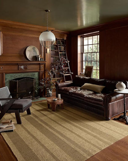 Loloi Leanne Ford Weatherstaff Collection WTS-03 Natural/Olive 7'-9" x 9'-9" Area Rug Jute, Striped, Neutral, Living Room, Bedroom, Dining Room