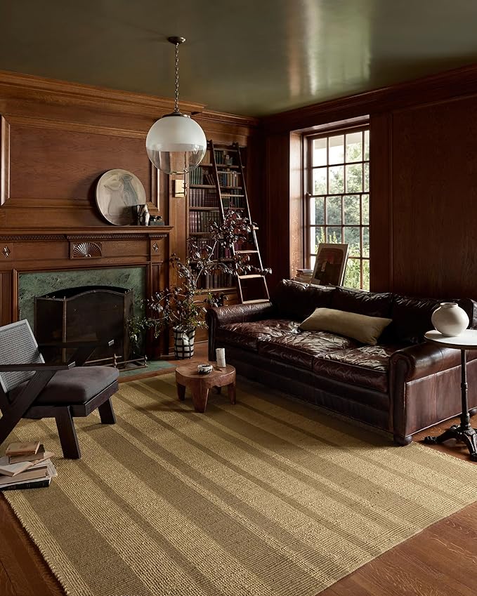 Loloi Leanne Ford Weatherstaff Collection WTS-03 Natural/Olive 5'-0" x 7'-6" Area Rug Jute, Striped, Neutral, Living Room, Bedroom, Dining Room
