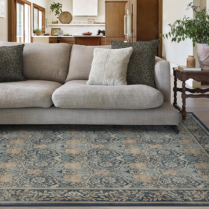 RUGGABLE x Morris & Co Washable Area Rug– Honeysuckle & Tulip Blue 6x9, Stain-Resistant, Non-Slip – Medium Machine Washable Rugs for Living Room, Bedroom, Hallway, Entryway & Office–with Standard Pad