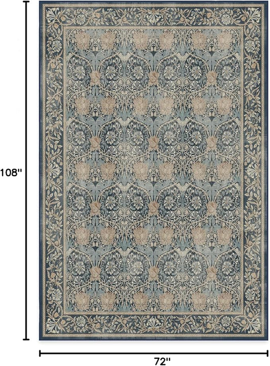 RUGGABLE x Morris & Co Machine Washable Area Rug – Honeysuckle & Tulip Blue 6x9, Stain-Resistant, Non-Slip – Medium Rugs for Living Room, Bedroom, Hallway, Entryway & Office–with Cushioned Pad