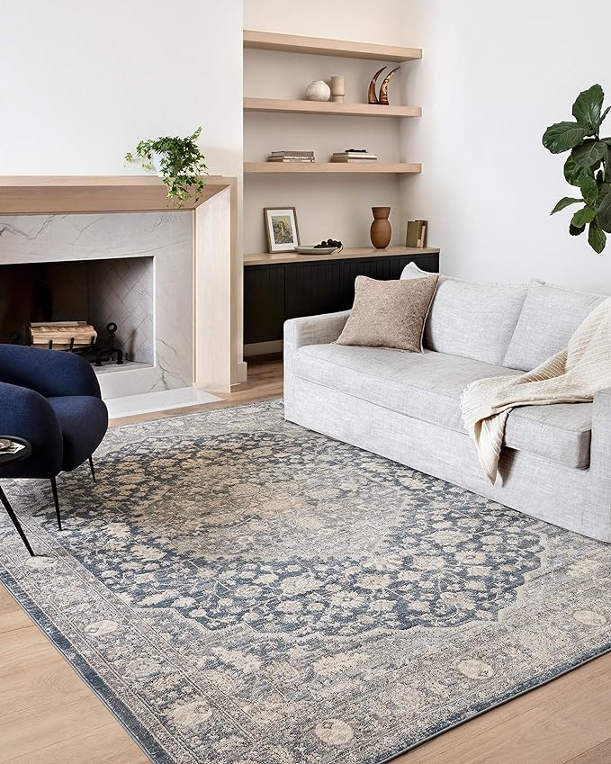 Loloi Teagan Collection TEA-01 Denim/Mist 7'-11" x 10'-6" Area Rug, Large, Soft Neutral Rug, High-Traffic for Living Room, Bedroom, Home Office, Dining Area