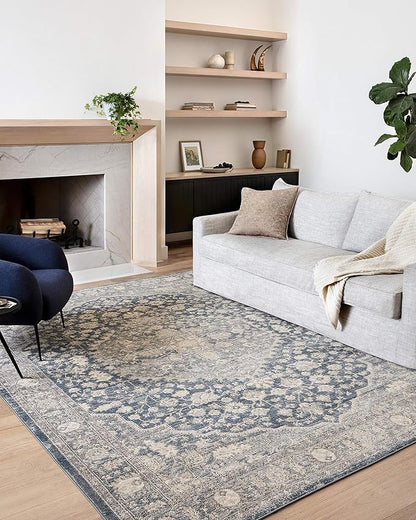 Loloi Teagan Collection TEA-01 Denim/Mist 9'-9" x 13'-6" Area Rug, Large, Soft Neutral Rug, High-Traffic for Living Room, Bedroom, Home Office, Dining Area