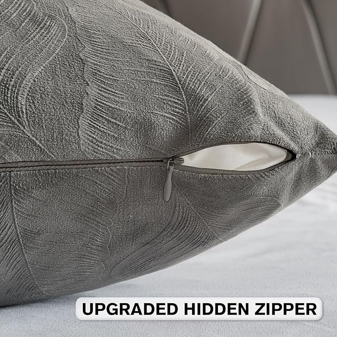 FUTEI Dark Grey Velvet Throw Pillow Covers 20x20 Inch Set of 2,Soft Embossed Leaf-Relief Textured Cushion Cases,Natural Home Decor for Couch Living Room