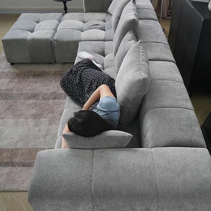WJShome 158" Oversized Modular Sectional Sofa, L Shaped Couch with Ottoman,Sectional Couches for Living Room,Large Linen Deep Seat with Pillow Couches for Home,Spacious Space,Gray