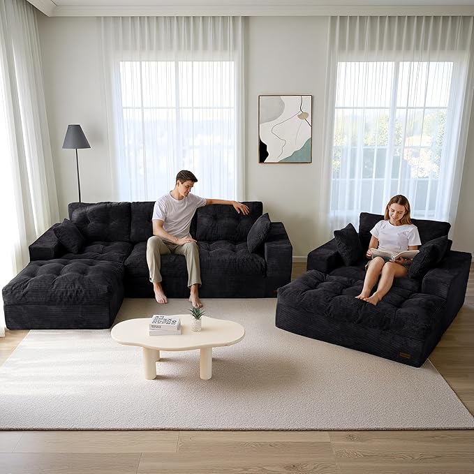 MAXYOYO Sectional Sofa Couch and Chaise Lounge, L Shaped Modern Cloud Couch with Ottoman, Comfy Sofa with Layered Cushion, Tufted Upholstered Sleeper Chair for Living Room, No Assembly Required