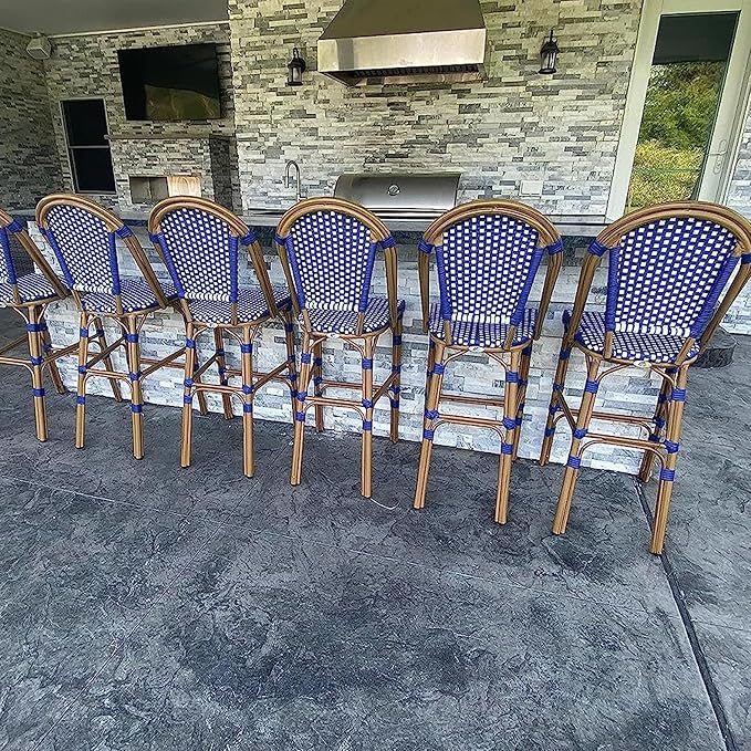 PURPLE LEAF French Bar Stool Set of 2 Bamboo Print Finish Patio Bar Stools with Back Rattan Chairs Wicker Bar Height Stool 30" with Footrest Kitchen Island Stools Outdoor Barstool Royal Blue