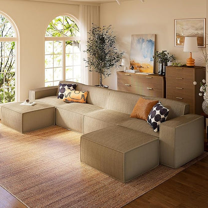 Marsail Modular Sectional Sofa, 142" U-Shaped Modular Sectional Couch with Deep Seat, Freely Combinable Sectional Clound Sofa for Living Room, No Assembly, Plush Corduroy Fabric, White