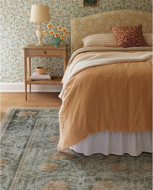 RUGGABLE x Morris & Co Washable Area Rug– Pimpernel Vintage Green 8x10, Stain-Resistant, Non-Slip – Large Machine Washable Rugs for Living Room, Bedroom, Hallway, Entryway & Office–with Cushioned Pad