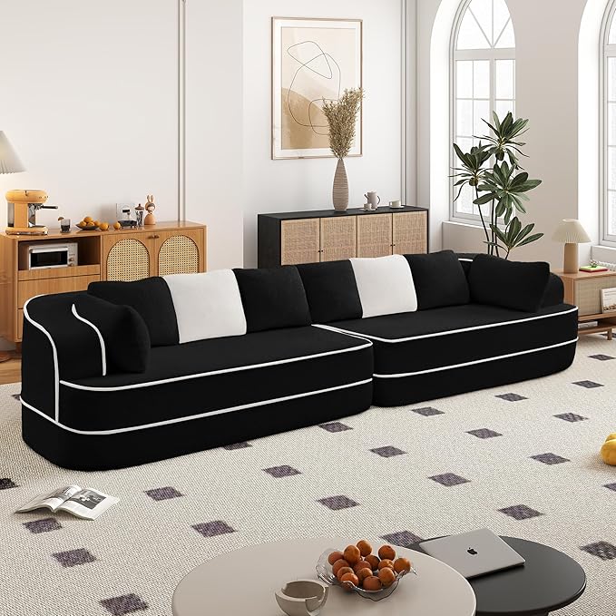 135" Modular Sectional Couch, 4-Seater with Throw Pillows Modern Teddy Fabric Foam Boneless Sofa for Living Room, Oversized with Deep Seat, No Assembly Required,Black