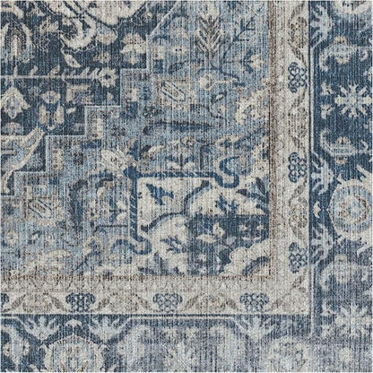 RUGGABLE Washable Vintage Area Rug – Kamran Admiral Blue 6x9, Stain-Resistant, Non-Slip – Medium Machine Washable Rugs for Living Room, Bedroom, Hallway, Entryway & Office–with Standard Pad