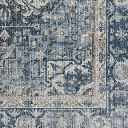RUGGABLE Washable Vintage Area Rug – Kamran Admiral Blue 8 ft Round, Stain-Resistant, Non-Slip – Large Machine Washable Rugs for Living Room, Bedroom, Hallway, Entryway & Office–with Standard Pad
