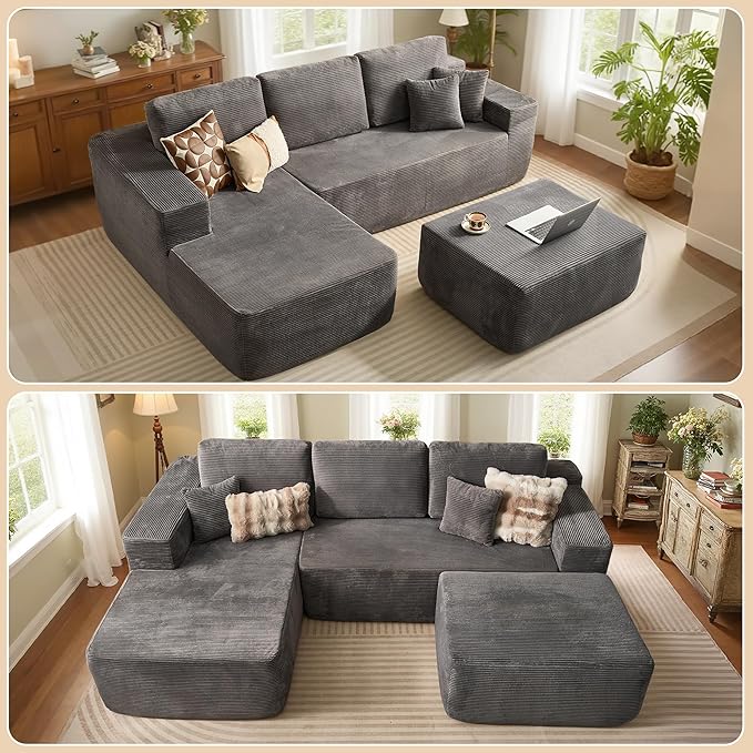 37.1" Ottoman for Couch, Plush Corduroy Memory Foam Ottoman Cloud Boneless Sectional Couch for Living Room Foot Stools No Assembly Require, Stripe Corduroy,Gray