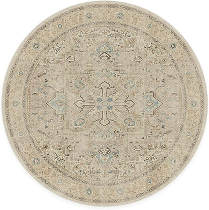 RUGGABLE Washable Vintage Area Rug – Kamran Ivory Opal 6 ft Round, Stain-Resistant, Non-Slip – Medium Machine Washable Rugs for Living Room, Bedroom, Hallway, Entryway & Office–with Standard Pad