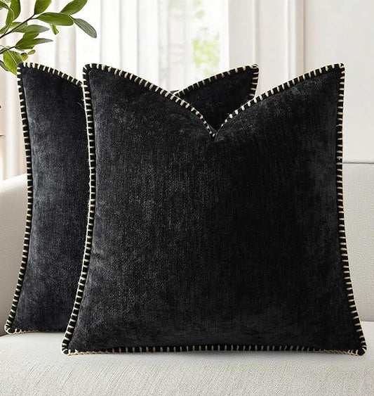 decorUhome Chenille Soft Throw Pillow Covers 22x22 Set of 2, Farmhouse Velvet Neutral Decorative Euro Pillow Covers with Stitched Edge for Couch Sofa Bed Home Decor, Black